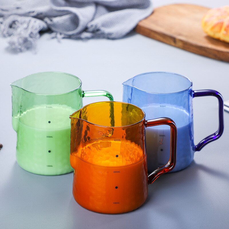 Colorful Milk Pitcher Frothering Cup V-shaped Mouth Pull Flower Cup Milk Jug Durable Glass Coffee Milk Frother Cup Coffeeware
