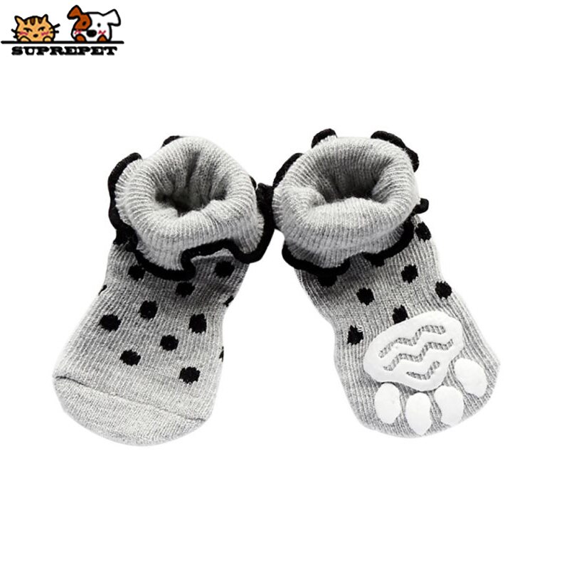 SUPREPET 4Pcs/Set Pet Dog Socks for Puppy Cotton Warm Cute Dog Socks Non-Slip Paw Dog Shoes Dog Boots Spots High Dog Socks: Gray / L
