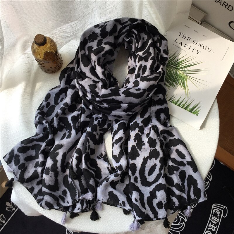 Bufanda de leopardo negra y gris, abrigo largo cálido con estampado de leopardo, chal de viscosa, redecilla para el cuello, Bufandas, pañuelo Apaszka,