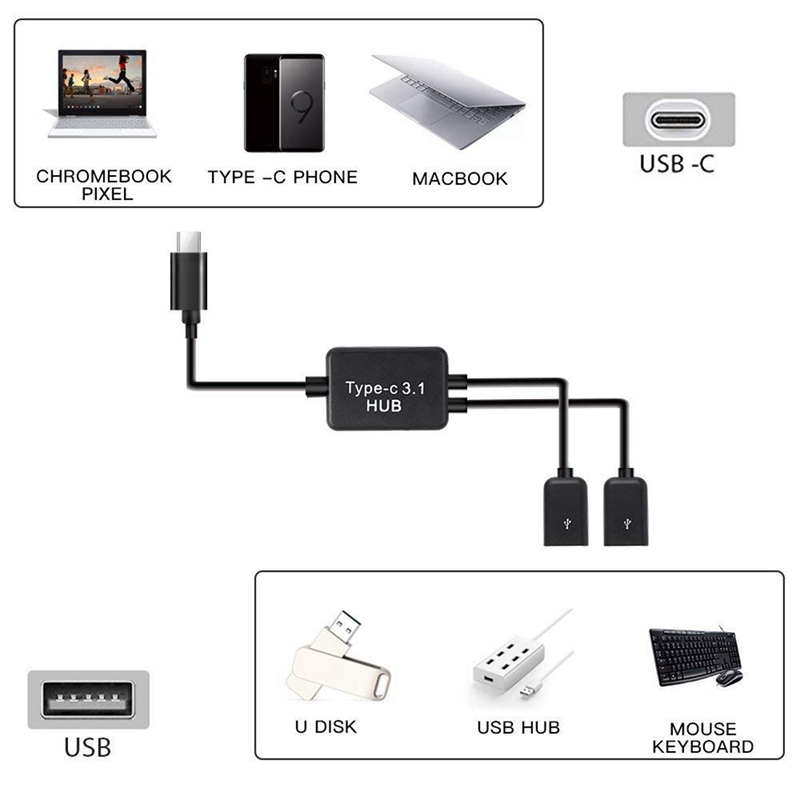 1 Pcs Type C OTG USB 3.1 Male To Dual 2.0 Female OTG Charge 2 Port HUB Cable Y Splitter &amp; 1 Pcs Micro-USB Host Cable,Micro-USB M