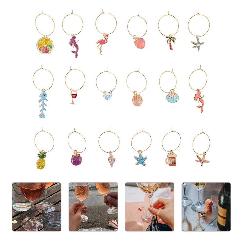 18 stk charms glas identifikatorer vinglas ringe glas drink markører tags festartikler (assorteret farve)