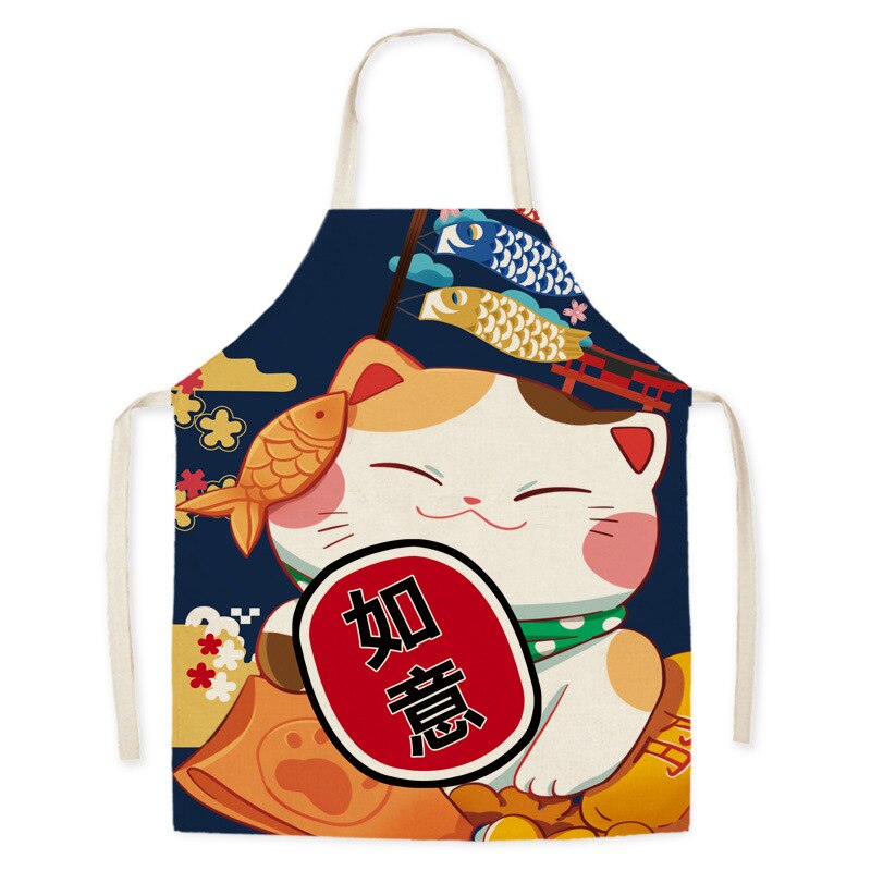 Japanese Karikatur Glücklich Katze Dekoration ärmellos Schürze Baumwolle Leinen- Küche Schürzen Frauen Heimat Kochen Backen Taille Lätzchen Schürze