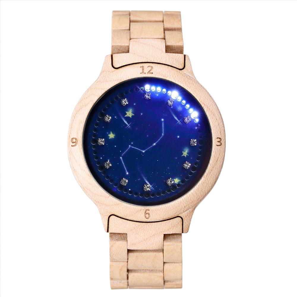 Red sandalwood LED Light Touch Screen Diamond Dial Wooden Watch Red Starry Sky Surface Luminous Watch Relogio Masculino: 3