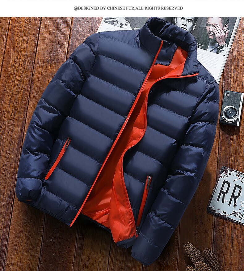 Mannen Parka Katoen Gewatteerde Winterjas Jas heren warme jas Effen kleur Stand Kraag Rits Dikke Jas Mannen Down parka: Dark blue / L