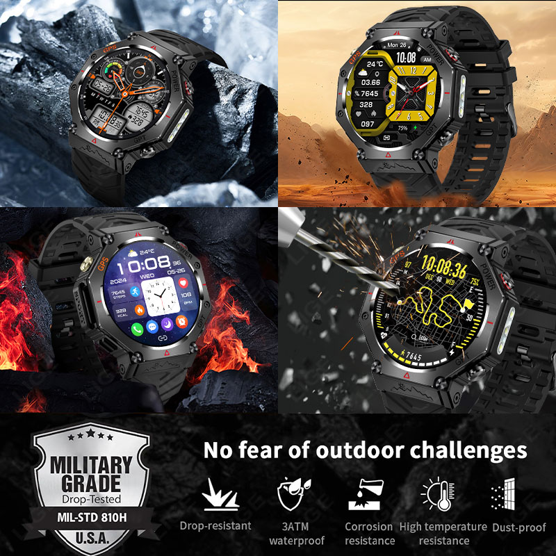 LIGE 2025 Nuova posizione GPS Smartwatch per uomo 530mAh Bluetooth chiamata bussola torcia a LED 3ATM Smartwatch militare impermeabile