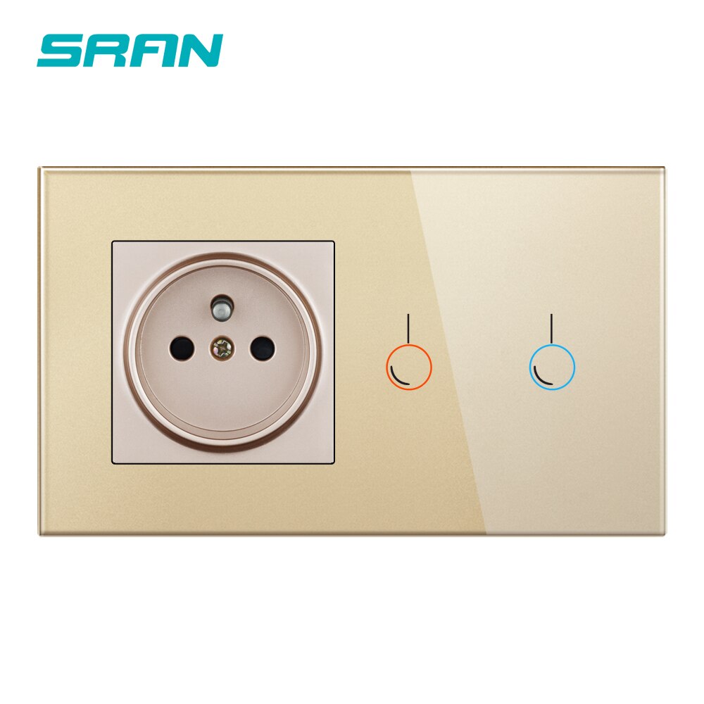 Sran Franse Touch Sensor Schakelaar Met Socket Crystal Glass Panel 170 ~ 250V 16A 146*86 Stopcontact met Lichtschakelaar 2 Gang 1 Manier: Gold 2gang 1way FR