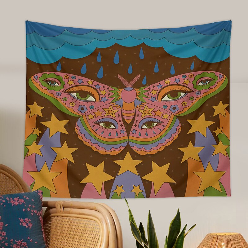 Tapiz psicodélico Retro de los años 80, colgante de pared con de mariposa psicodélica, flor, ojo, estrella, cielo, cubierta Vintage de los 90, decoración artística para habitación