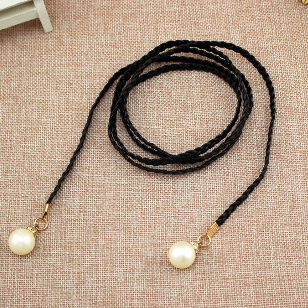 Thin Braid Women Belt Woven Tassel Pearl Waist Strap Boho Girls Waistband Waist Rope Waist Belts For Dress Accessories: black