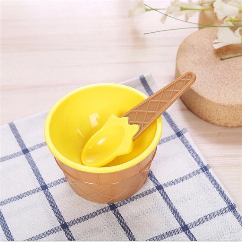 1 Pcs Lovely Kids Ice Cream Bowls With Spoon Reusable For Kids Boys Girls Cute Ice Cream Dessert Tool Set: yellow