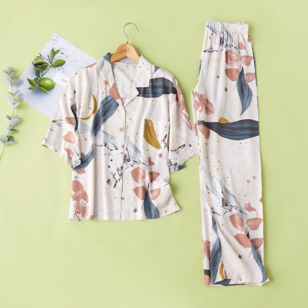 Kvinder sommer pyjamas kortærmet viskose bomuld hjemmetøj kvindelige trykte bukser homewear jakkesæt plus size loungewear: Hvid / L