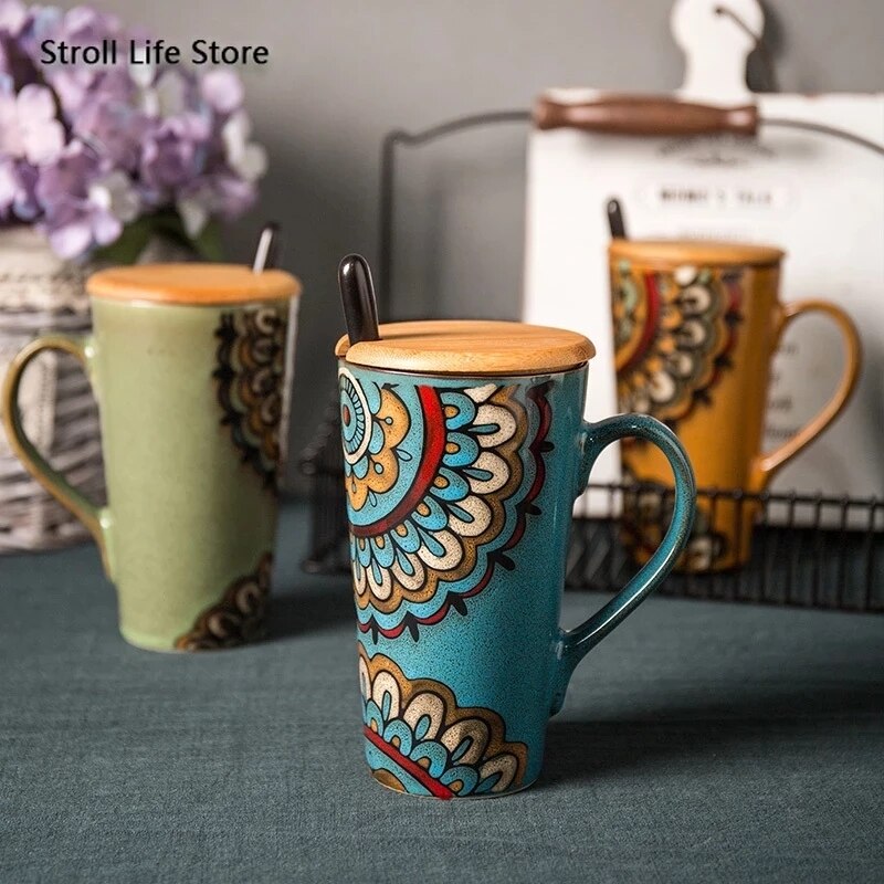 Ceramic Coffee Mug Retro Large-capacity Office Southeast Asia Water Cup Cups and Mugs with Lid Spoon Birthday CM25