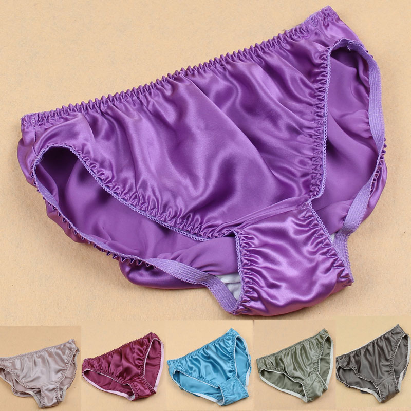 Women Silk Satin Panties Female Floral Embroidery Underwear 3psc Pack Ladies Knickers Briefs: Pure color randomly / L