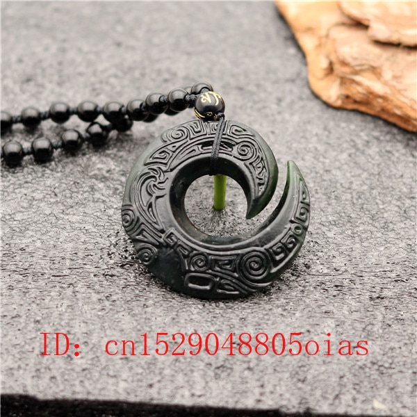 Chinesische Natürliche Schwarz Grün Jade Dekorative Rune Anhänger Perlen Halskette Charme Schmuck Obsidian doppelseitige Geschnitzte Amulett