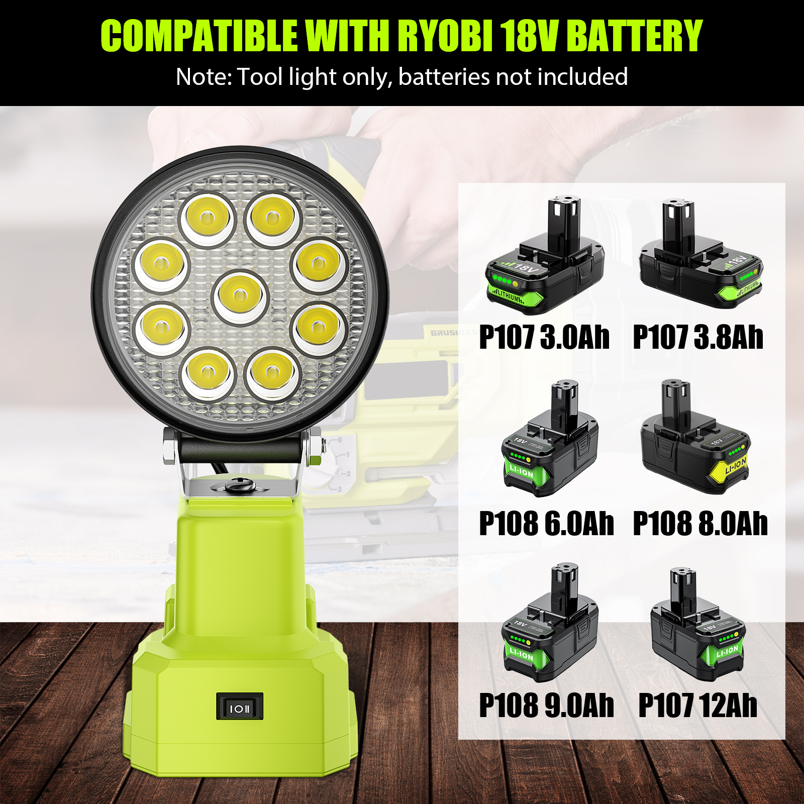 Sladdlös led-arbetslampa för ryobi 18v litiumbatteri  p107 p108 ficklampor sökarljus spotlight campinglampa