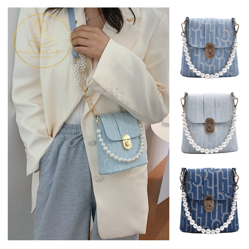 nueva perla de lujo de las mujeres con cadena de cuentas cubo vaquero bolso de hombro tipo bandolera femenina Mini bolso de