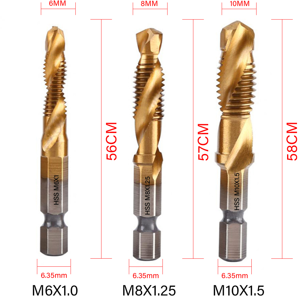 Titanium Plated Hex Shank HSS Screw Thread Metric Tap Drill Bits Screw Machine Compound M3 M4 M5 M6 M8 M10 Hand Tools: GRAY