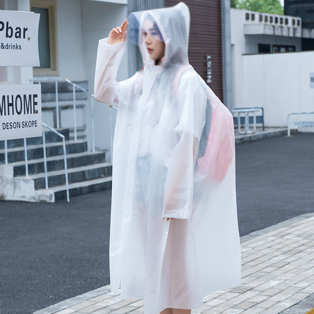 EVA Women Man Raincoat Thickened Waterproof Rain Poncho Coat Adult Clear Long Transparent Camping Hoodie Rainwear Suit: White / L