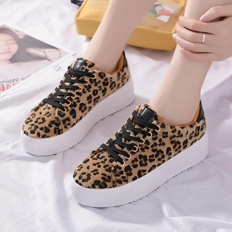 Women Shoes Leopard Trainers Platform Sneakers Mid Heel Round Toe Thick Sole Shoes Lace Up Spring Summer Ladies Sneakers