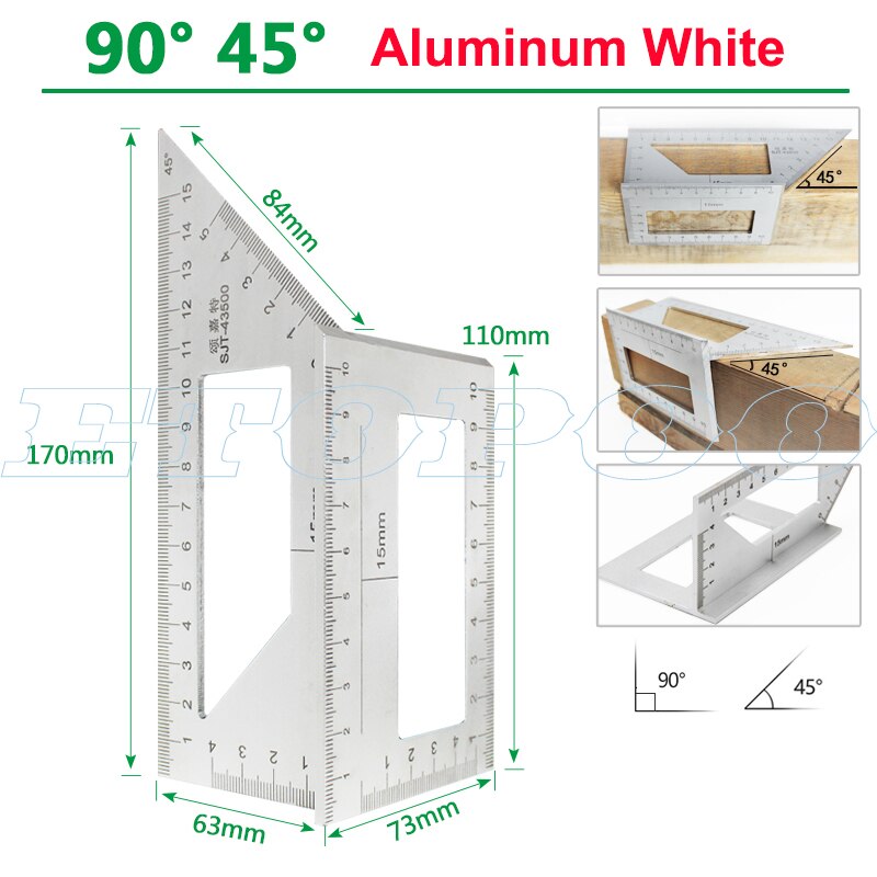 Japansk aluminiumslegering træbearbejdning multifunktionel firkant 45 grader 90 grader gauge lineal plast vinkel vinkelmåler: 90 45 graders hvid