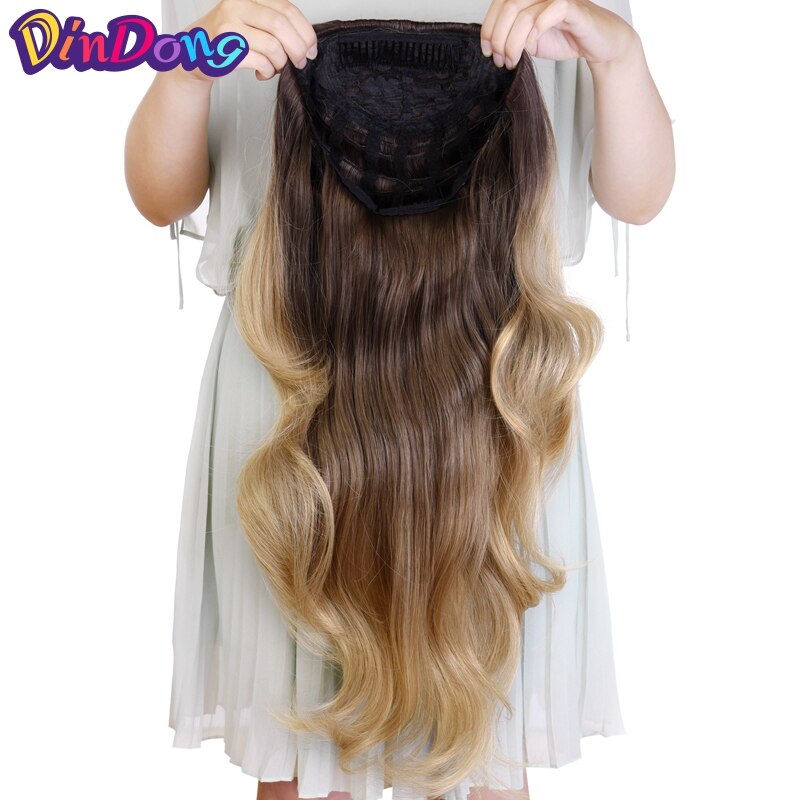 Dindong 24 "Wave 3/4 Dames Half Pruik Haar Synthetische Pruiken Met Kam Op Een Mesh Head Cap Clip In haarverlenging: 7-2-3