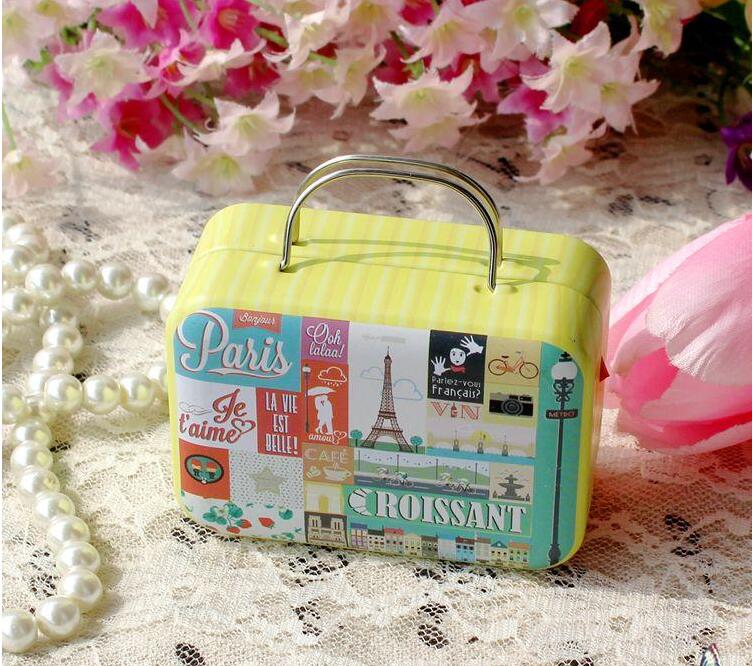 1Pc 7.5*5.5*3.5cm Europe Style Vintage Suitcase Shape Candy Storage Box Wedding Favor Tin Box Sundries Organizer Container: yellow