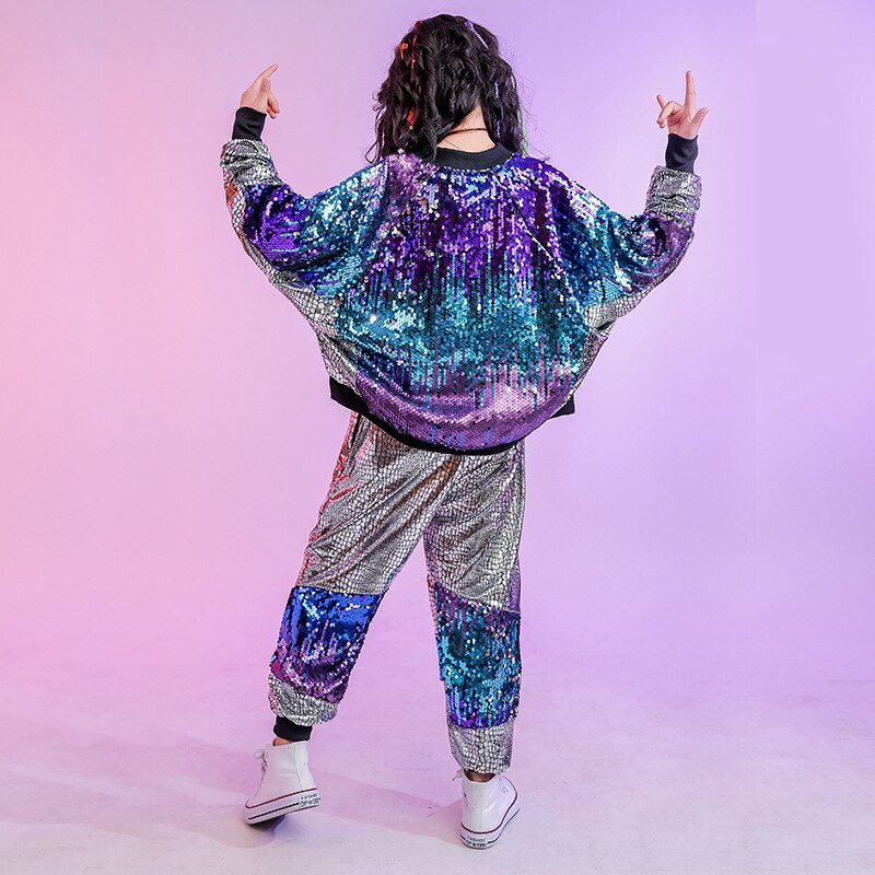 Barn paljett hip hop kläder jacka top coat kort streetwear byxor för flickor pojkar jazz dans kostymer set kläder bära