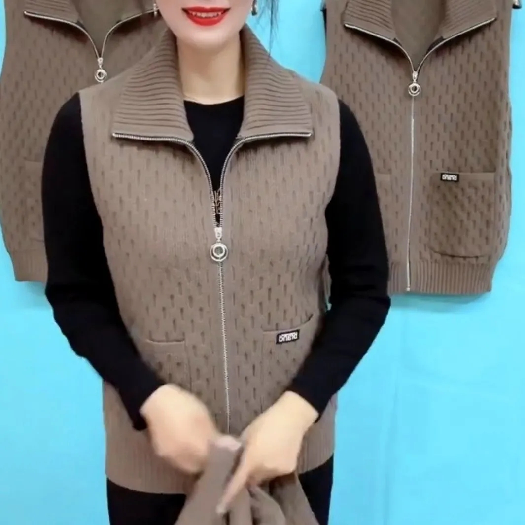 Morvest forår efterår revers strikket cardigan sweater frakke ensfarvet lynlås ærmeløs jakke damevest 5x: Xxl / Guld