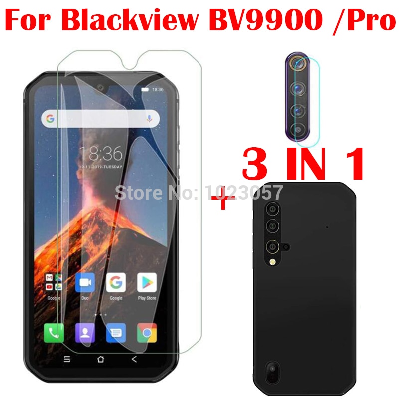 Funda 3 en 1 + cristal templado para cámara, para Blackview BV9900 Pro, Protector de pantalla de cristal para Blackview BV9900 BV9900E 2.5D Glass: BV9900 / 3 in 1 black casse