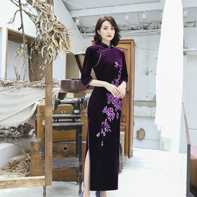 Sheng Coco Purple Velvet Long Cheongsam Long Sleeve Chinese Dress Evening Qipao Winter 4XL Plus Size Women Clothing: XL