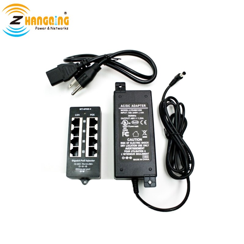 100Mbps 4port PoE Injector With 48V 60W Power Supply For Networking IP Camera, IP Phone, WiFi Access Ponit, MikroTik Accessories