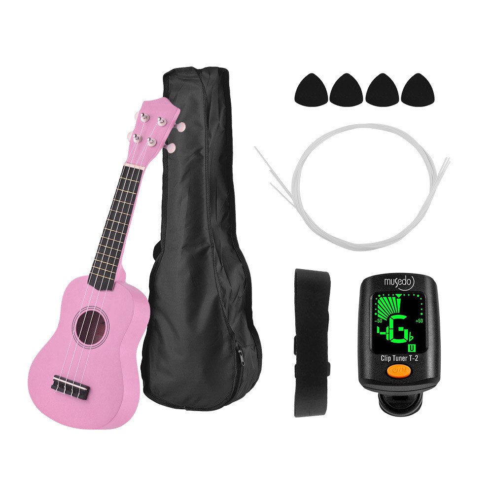 Sopran ukulele 21 ukulele sort basswood 4 strenge uke hawaii bas strenge musikinstrument sæt sæt+tuner+streng+rem+taske: Lyserød