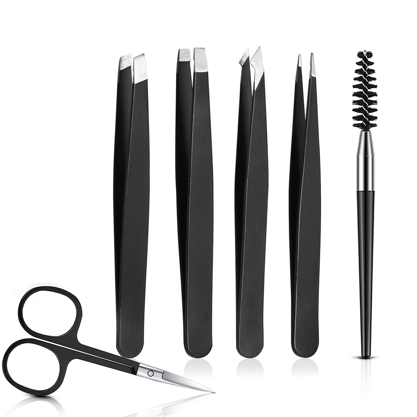 Juego de pinzas para cejas con tijeras curvadas, cepillo para pestañas, eliminación de vello de cejas y barba, pinzas extractoras de pelos faciales, 6 uds.: Default Title