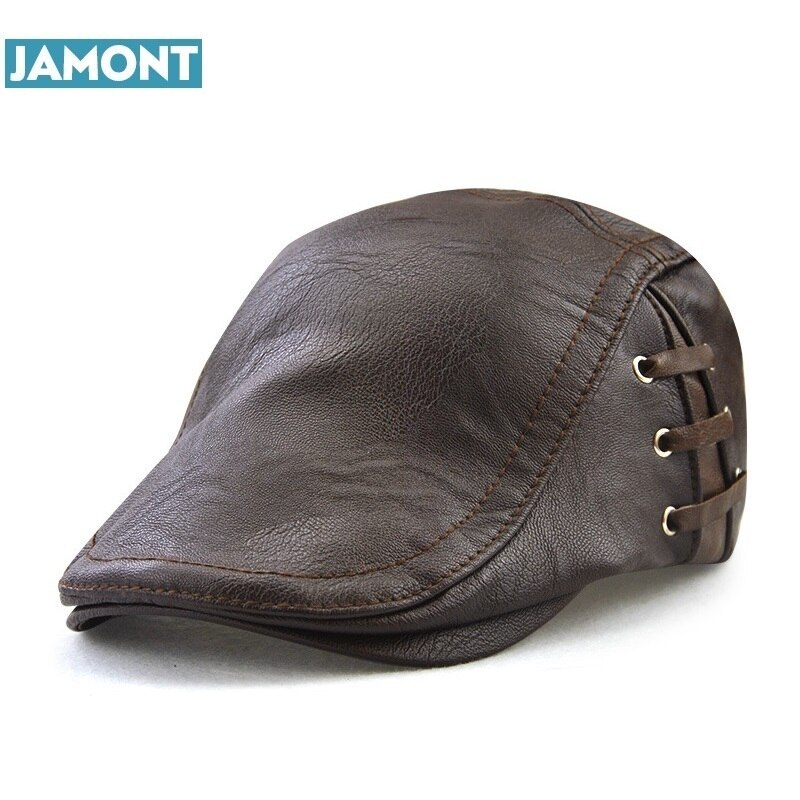 Jamont originale herrehat vintervisir kasket pu læder hatte baret bandage gorras mænd kasketter vinterkaskette: Mørk kaffe