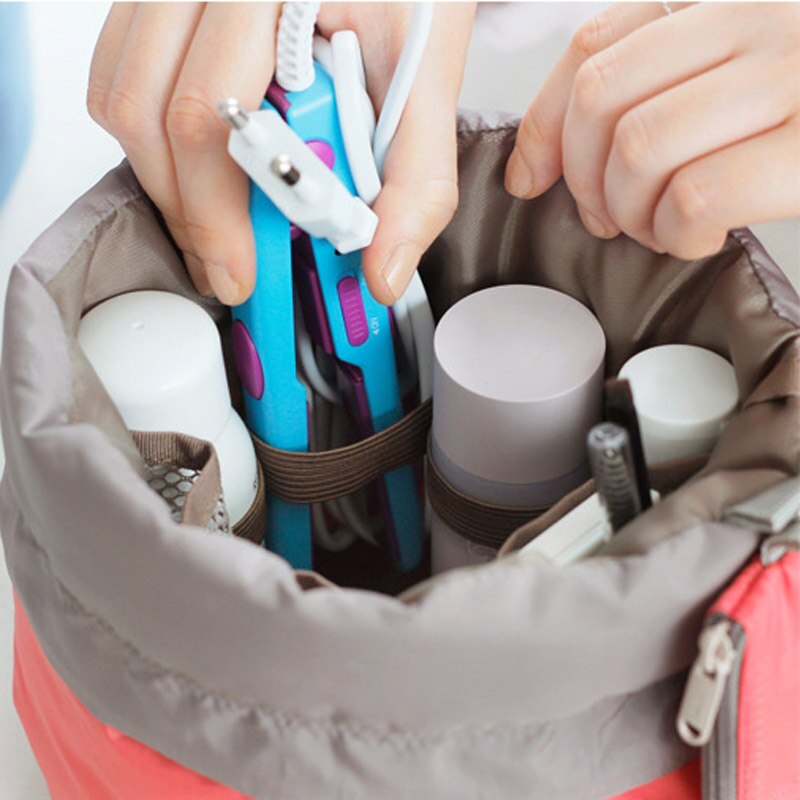 Beautician Barrel Shaped Travel Cosmetic Bag Nylon High Capacity Drawstring Drum Wash Bags Makeup Organizer Storage