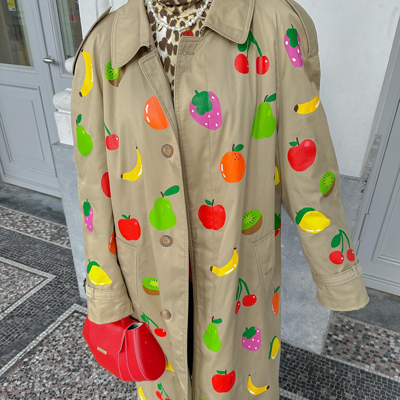 Höst vinter lång jacka frukttryck långärmad trenchcoat nischknapp varm överrock high street dam ytterkläder
