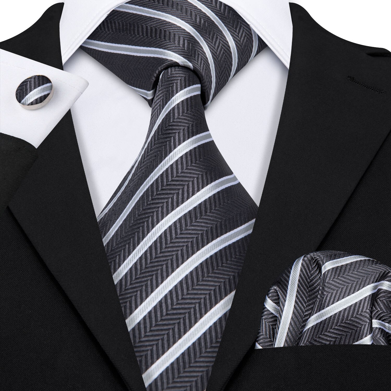 LS-585 Barry.Wang Mannen Stropdas Zijde Gestreepte Jacquard Geweven Classic Tie + Hanky + Manchetknopen Set Voor Formele Wedding Bedrijvengids Party: LS-5080