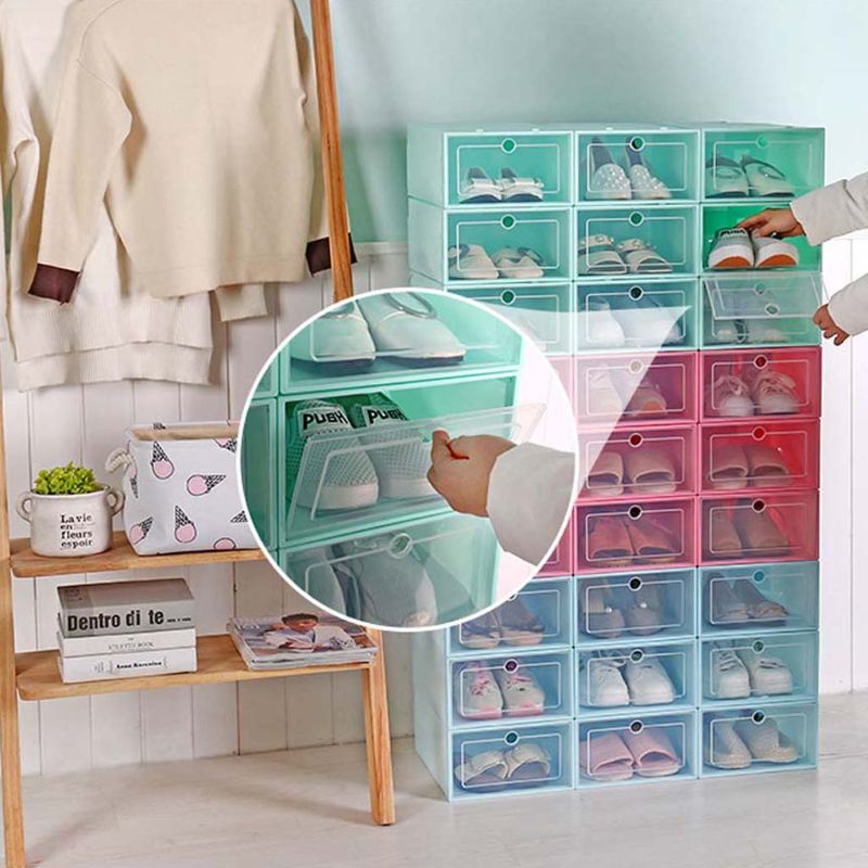 6Pcs Plastic Shoe Box Stackable Foldable Shoe Organizer Drawer Storage Case with Flipping Clear Door Ladies Men 33.5x23.5x13cm