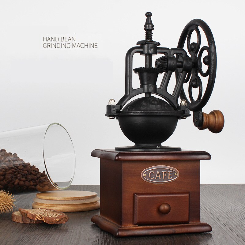 Klassisk træ manuel kaffekværn hånd støbejern retro håndlavede kaffebønner krydderi mini burr møller køkkenværktøj: B