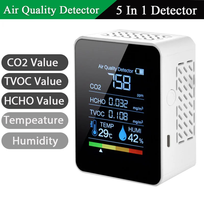 Multifunctionele 5in1 CO2 Meter Digitale Temperatuur Vochtigheid Tester Kooldioxide TVOC HCHO Detector Luchtkwaliteit Monitor