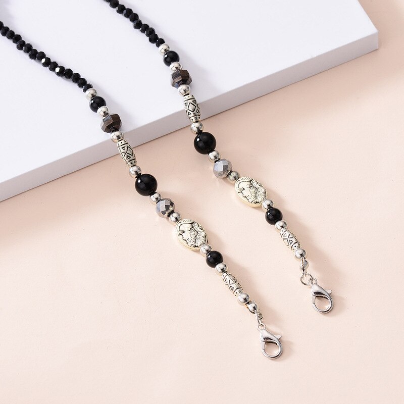 Dowaka Black Crystal Beaded Mask Chain Holder Anti-Lost Hanging Rope Long Necklace Chains Neck Strap String Layers Bracelet