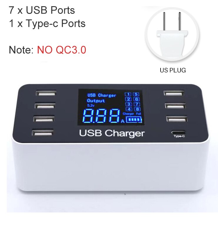 Goojodoq Quick Charge 3.0 40W 8-Port Usb Charger/Type C/Pd Charger Smart Led Display usb Snel Opladen Adapter Voor Telefoon Tablet: C-US Plug