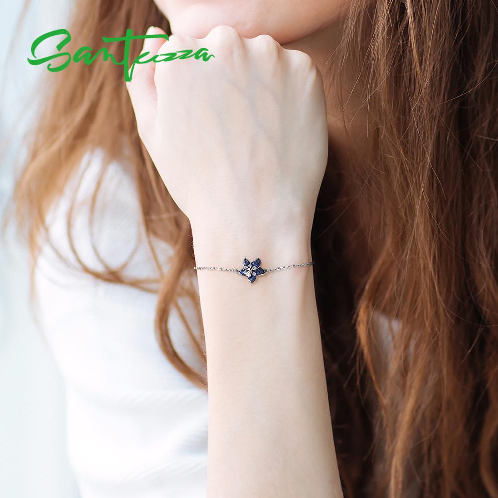 SANTUZZA Silver Bracelet For Women Authentic 925 Sterling Silver Delicate Dainty Blue Star Flower Adjustable Fine Jewelry