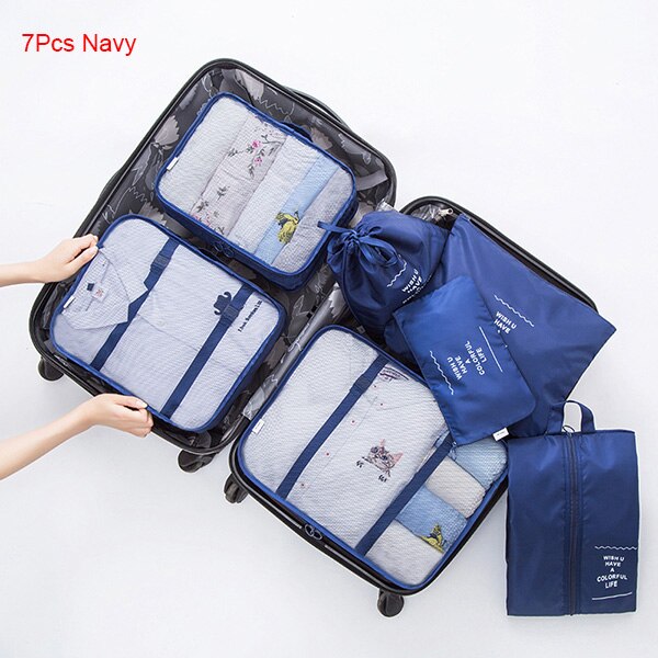 Mihawk Travel Bags Sets Waterproof Packing Cube Portable Clothing Sorting Organizer Luggage Tote System Durable Tidy Pouch Stuff: 7Pcs Navy