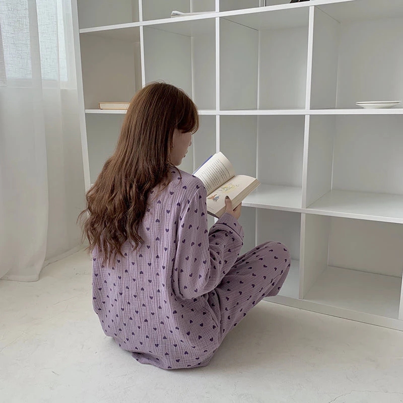 Qweek nattøj dame& #39 ;s bomuld rødt hjerte print pyjamas langærmet efterårspyjamas kvinde sæt koreansk pyjamas negligee cardigan pjs