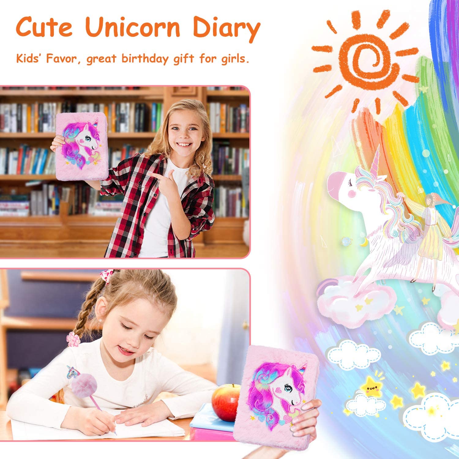 Plush Unicorn Notebook, Magic Diary for Girls Lovely Unicorn Fluffy Notebook 160 Pages for Writing and Drawing Birthday for Girl