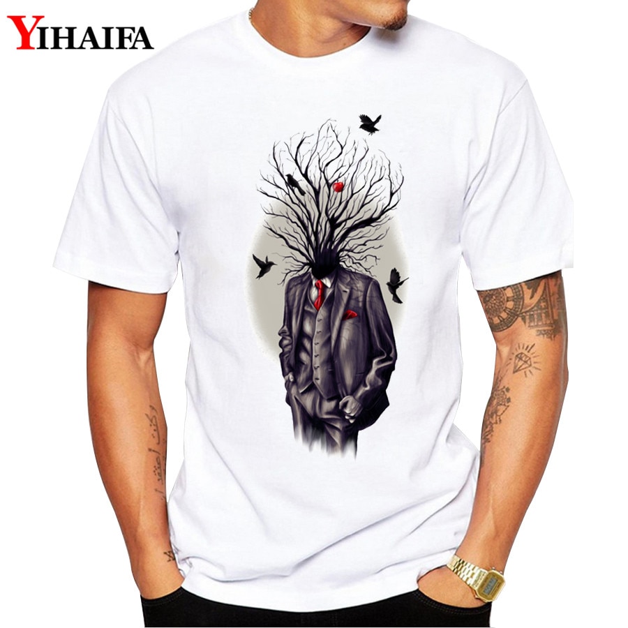 3D Printed Brand Men T Shirt Graphic Tee Personality Tree Bird Gym Print Short Sleeve T-Shirts Casual White Tops