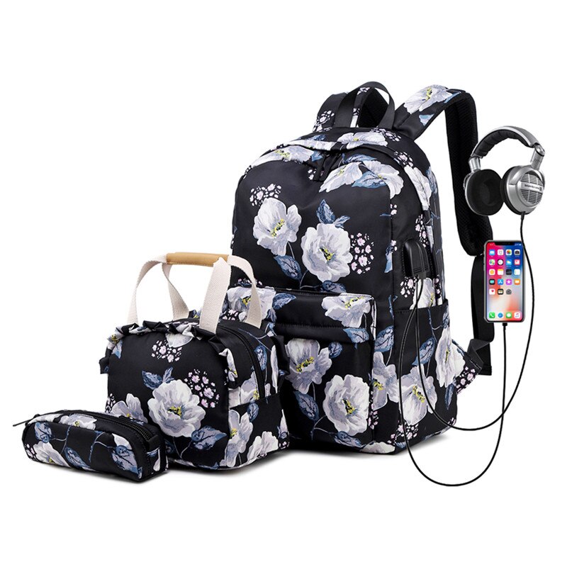 Fengdong 3pcs/set floral school backpack for girls cute flower handbag set student pencil bag children school bags kids backpack: black