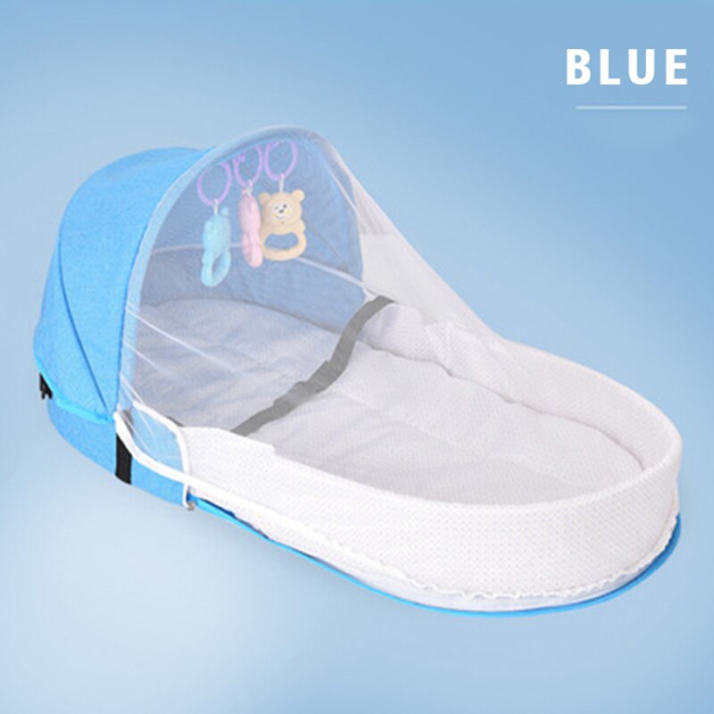 Bærbar børn baby seng nyfødt baby foldbar baby krybbe rejse solbeskyttelse myggenet åndbar sovekurv med legetøj: Blå