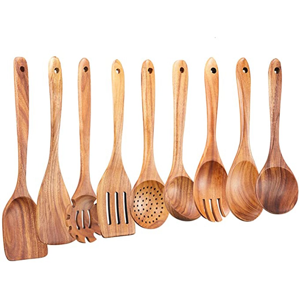 1-9 unids/set juego de utensilios de cocina de madera, cucharas de madera para cocinar, utensilios, cucharas de madera de teca Natural para de sartén antiadherente: Gris claro