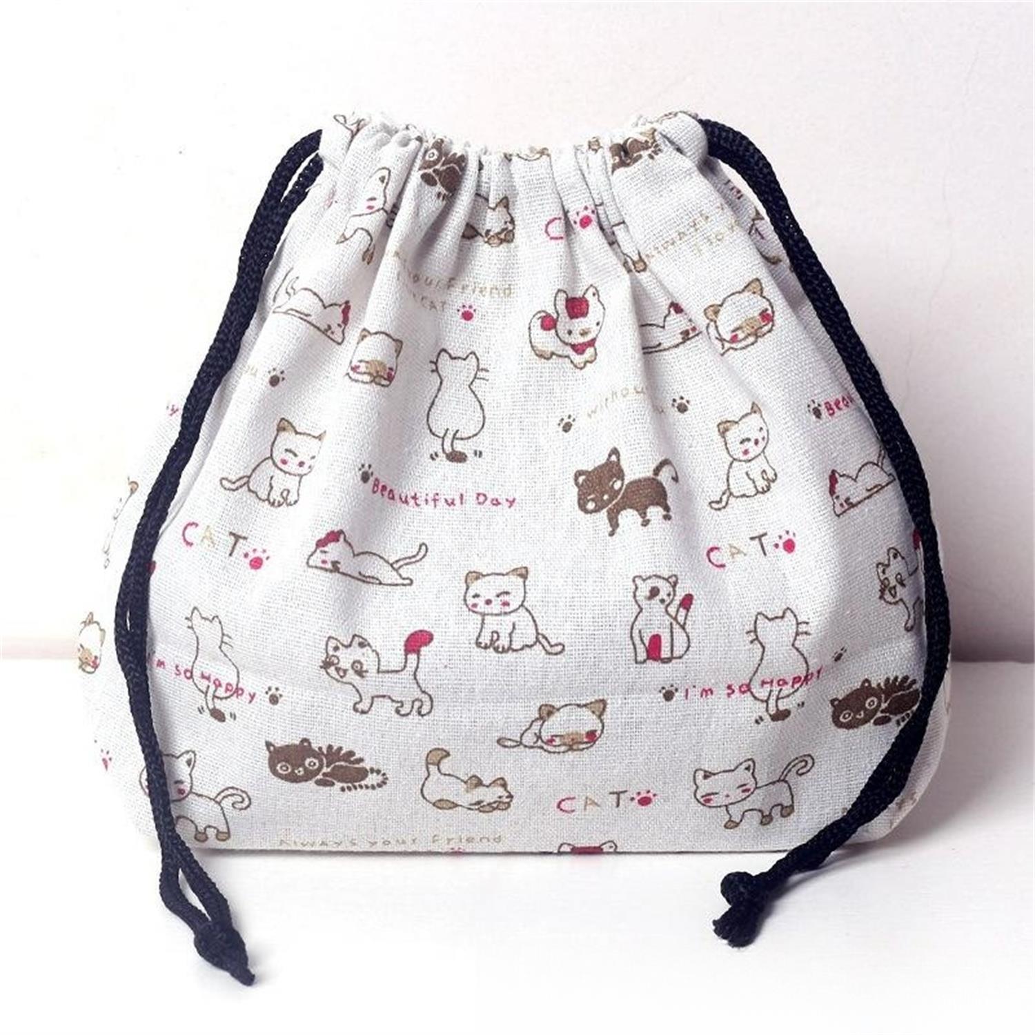 Lunch Bag Cat Polar Bear Lunch Box Drawstring Picnic Tote Eco Japanese Style Small Handbag Dinner Container Food Storage Bags: WHITE